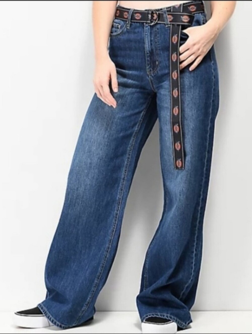 Dickies Women's Wide Leg Blue Jeans with Logo Belt Accent